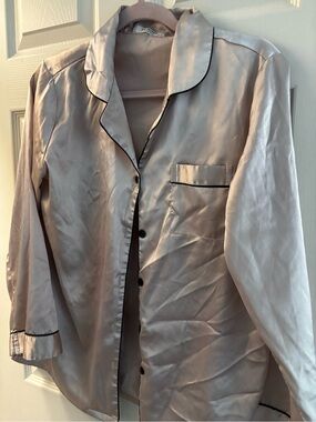 Silky Champagne Button-Up Pajamas with Black Piping